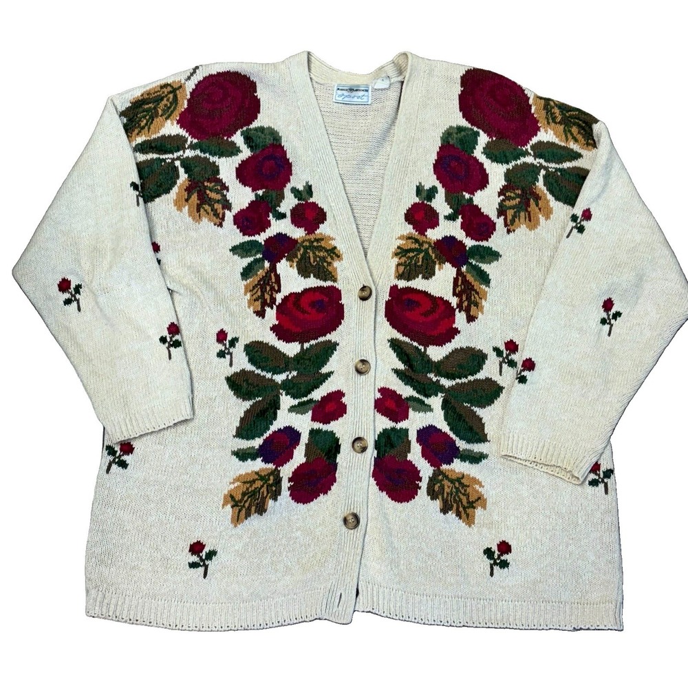 Vintage MAGGIE LAWRENCE Floral Sweater Flower Cardigan Grannycore Cottage Roses